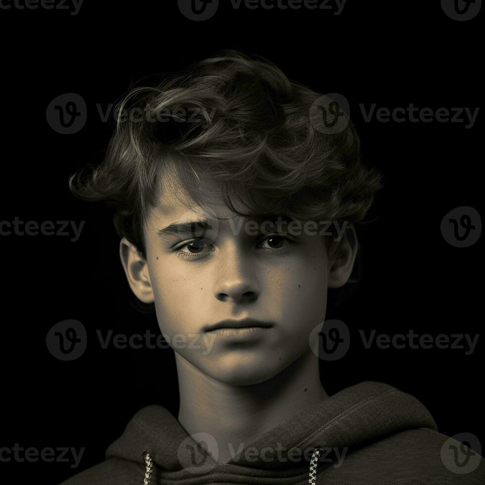 15 years old boy from the 80s with curly hair in a hoodie, against a black background - Ai Generative photo