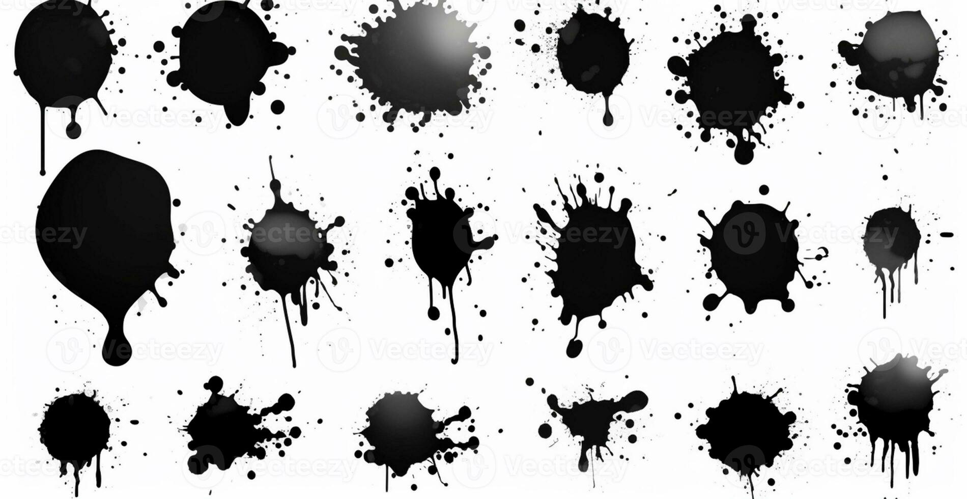 Splashes, drops, a set of black blots. Set of raster icons of liquid elements - illustration photo