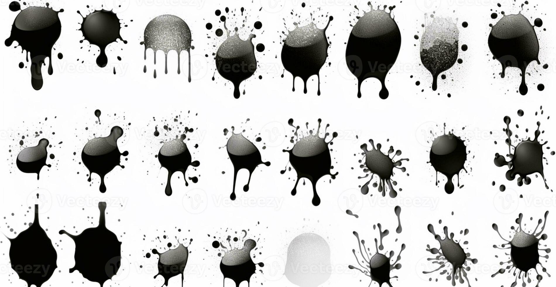 Splashes, drops, a set of black blots. Set of raster icons of liquid elements - illustration photo