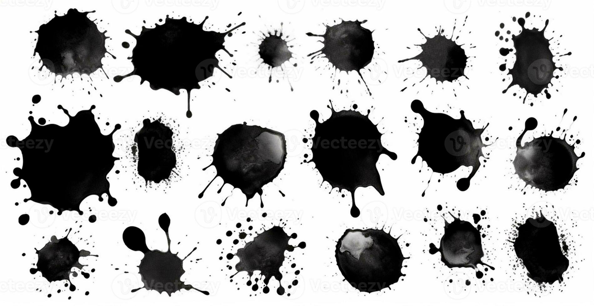 Splashes, drops, a set of black blots. Set of raster icons of liquid elements - illustration photo