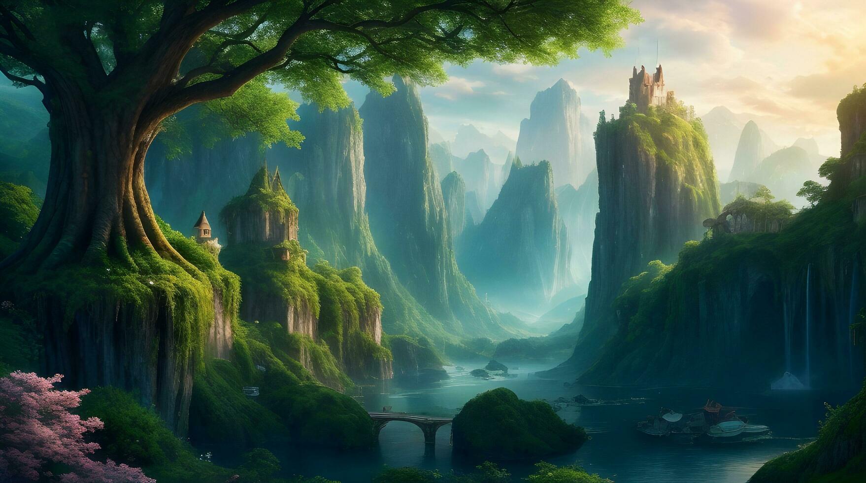 a scenic fantasy world HD wallpaper featuring floating islands ...