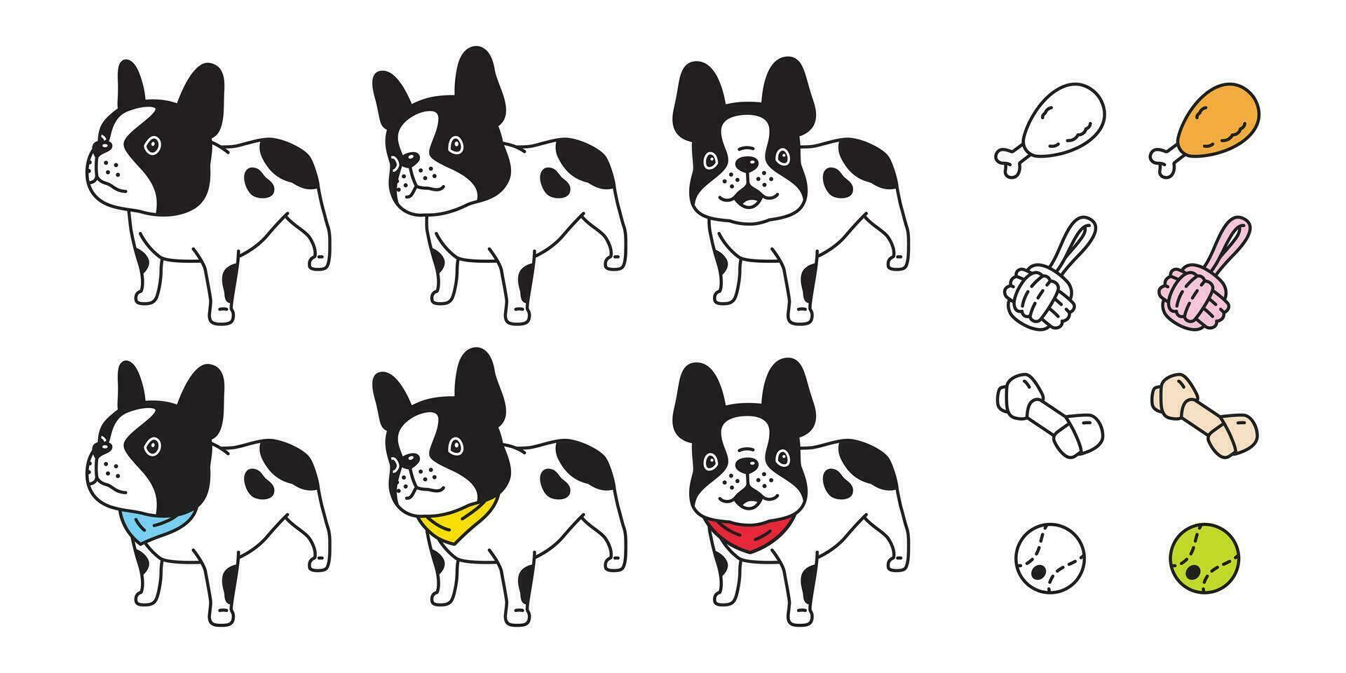 perro vector francés buldog perrito collor hueso juguete pelota icono dibujos animados personaje símbolo raza ilustración garabatear diseño