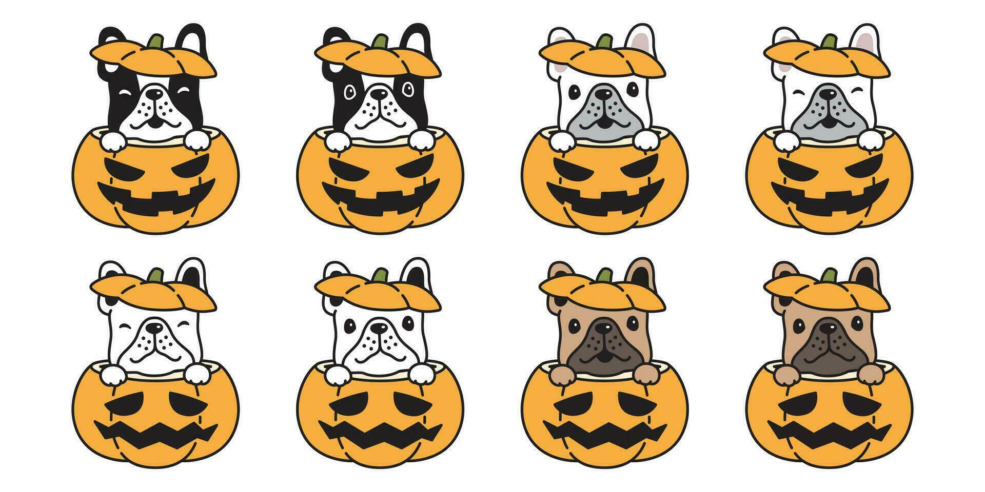 perro vector francés buldog calabaza Víspera de Todos los Santos icono logo símbolo dibujos animados personaje ilustración garabatear diseño