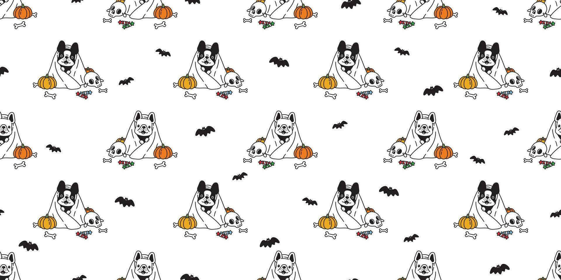 perro sin costura modelo vector francés buldog Víspera de Todos los Santos calabaza bufanda aislado repetir fondo de pantalla loseta antecedentes dibujos animados fantasma escalofriante hueso murciélago caramelo garabatear ilustración diseño