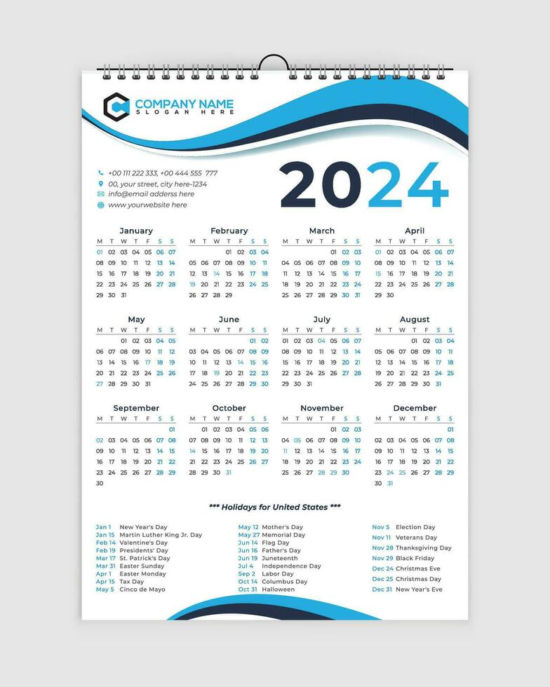 2024 Calendar - Calendar 2024, Calendar Design, Planner design, 12 months Calendar Design, Print Ready, Free Vector , holiday