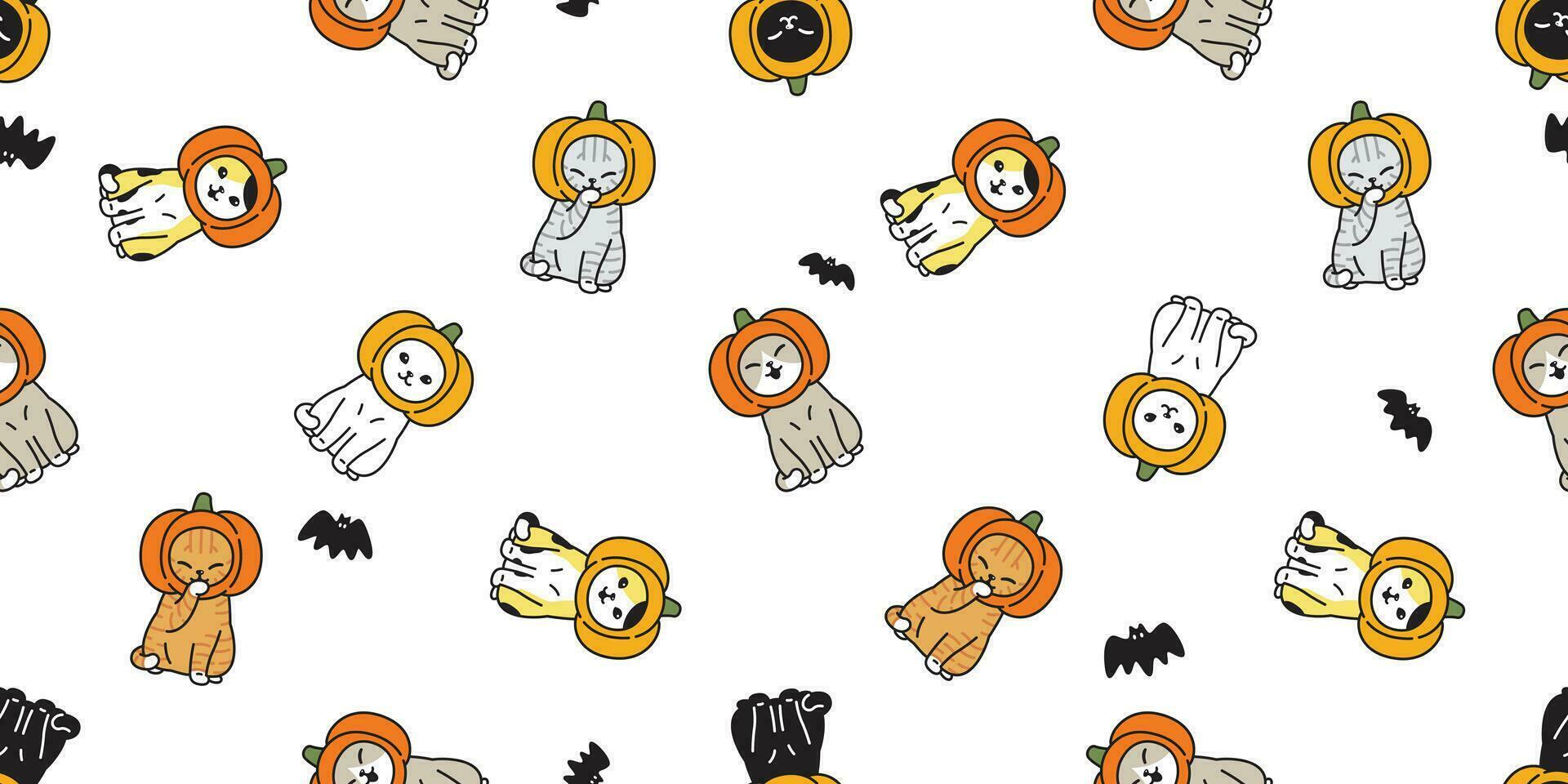 cat seamless pattern vector Halloween pumpkin head kitten calico bat scarf isolated tile background repeat wallpaper cartoon illustration doodle design