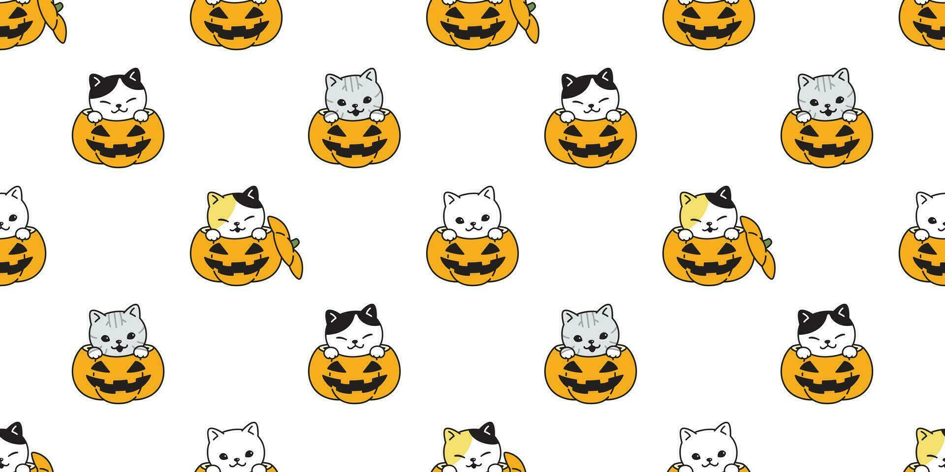 cat seamless pattern vector Halloween pumpkin kitten calico scarf isolated tile background repeat wallpaper cartoon illustration doodle design