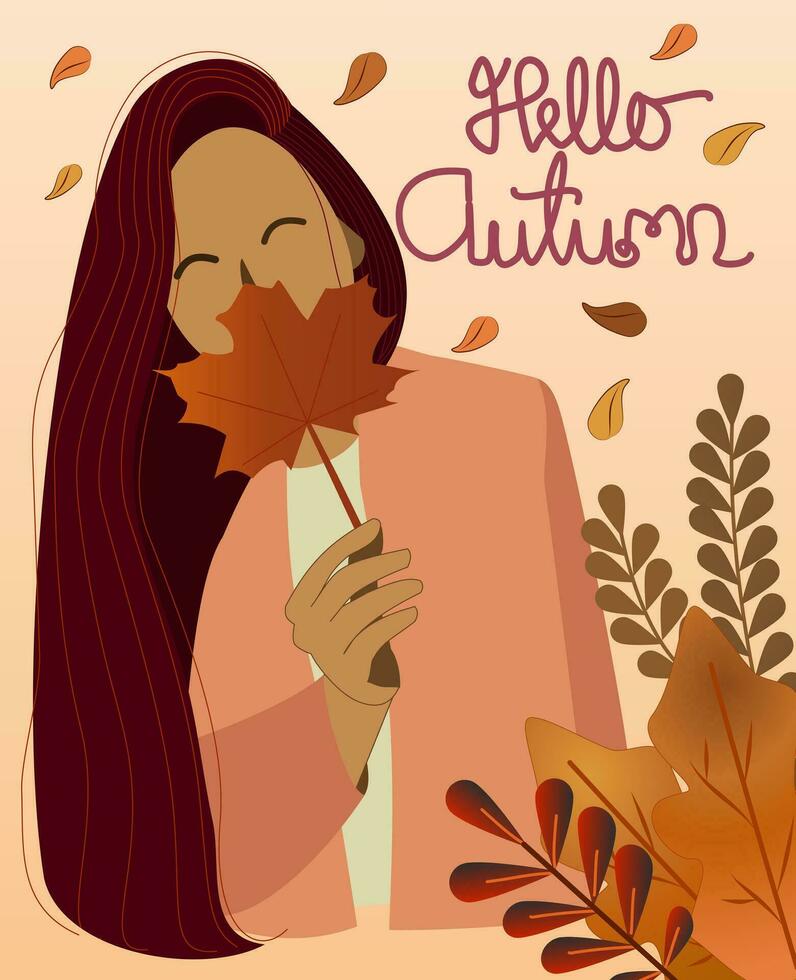 Hello autumn card with girl and leaves. Vector illustration in flat style