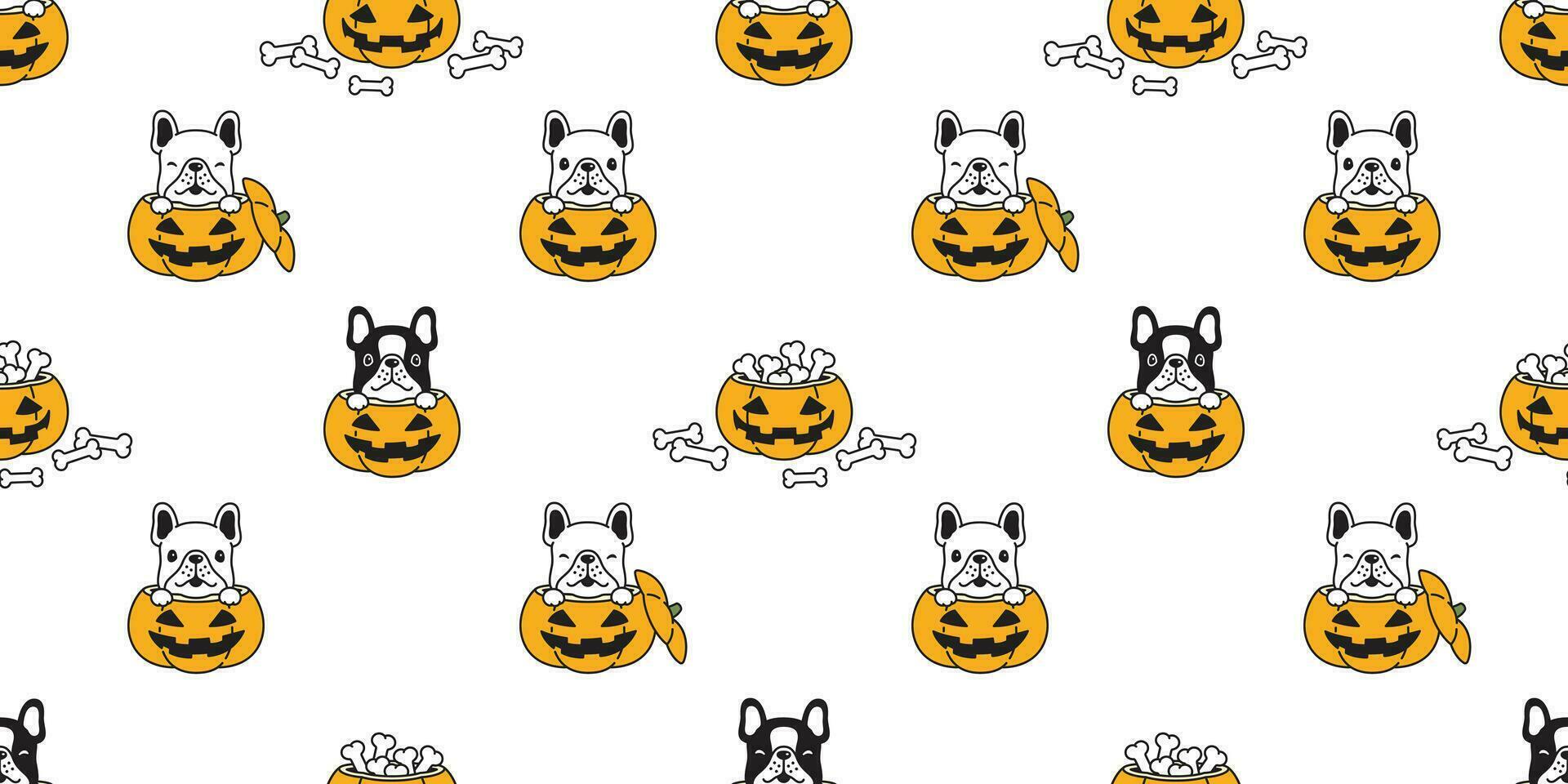 perro sin costura modelo francés buldog vector Víspera de Todos los Santos calabaza hueso bufanda aislado repetir fondo de pantalla loseta antecedentes dibujos animados ilustración garabatear diseño