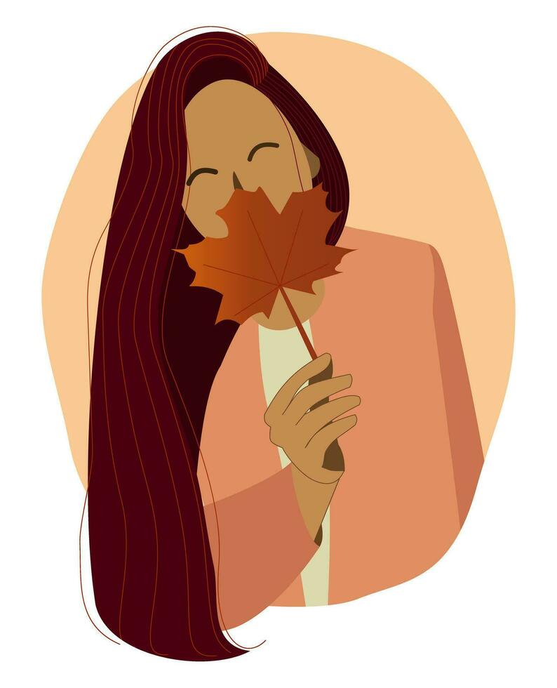 Young woman holding a maple leaf in her hand. Vector illustration.