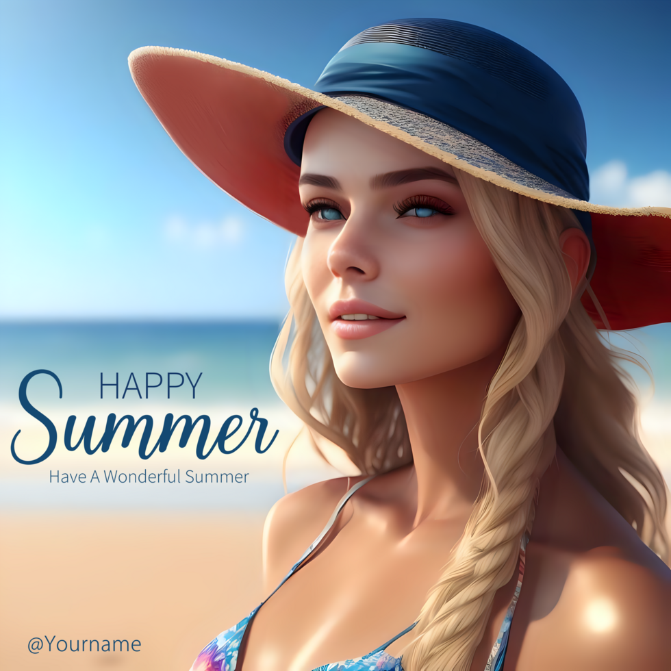 Happy Summer Social Media Post Template With Beautiful Young Woman And Sea Beach Background. Generative AI psd