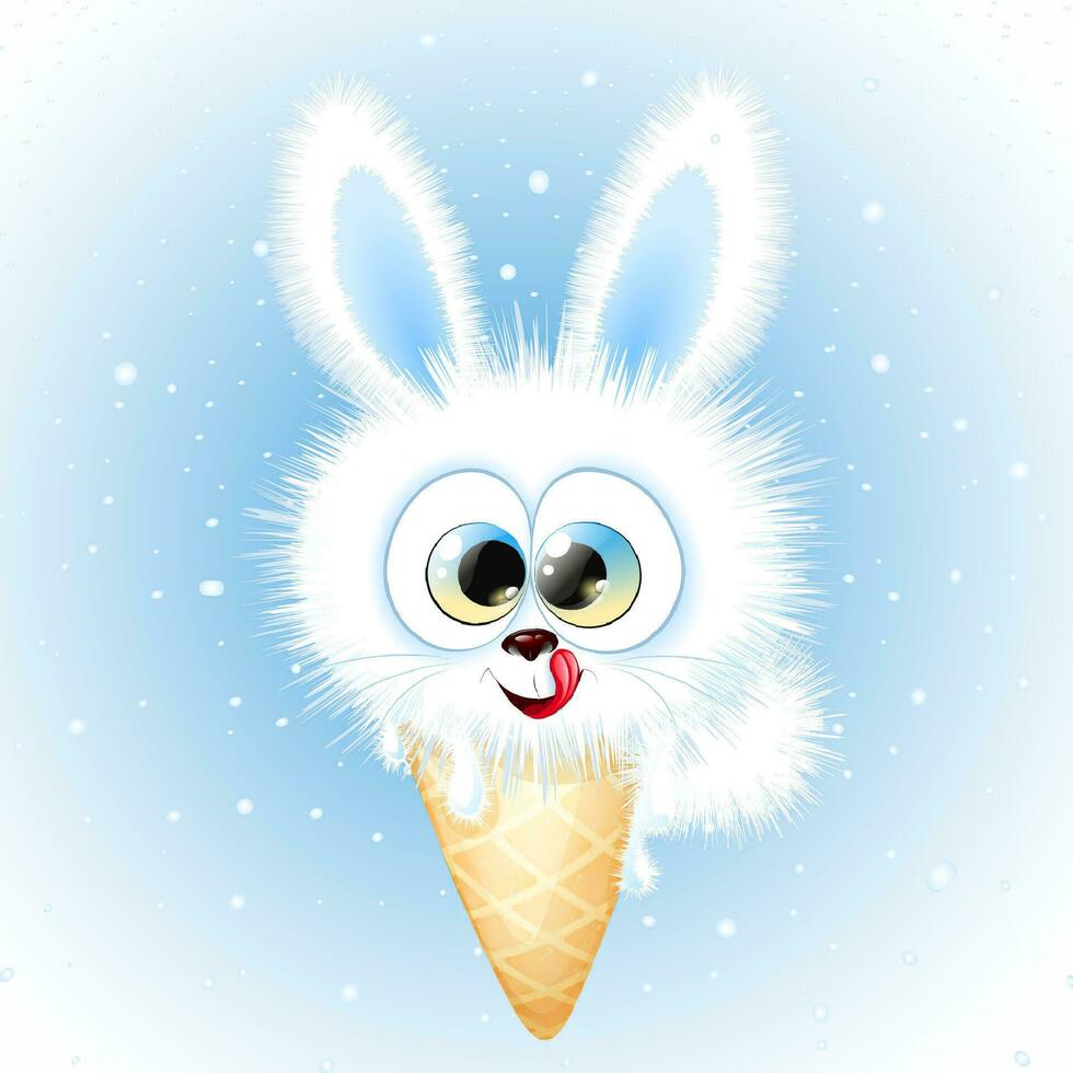 Cute winter smiling and licking lips little rabbit in ice cream cone under winter snowfall vector