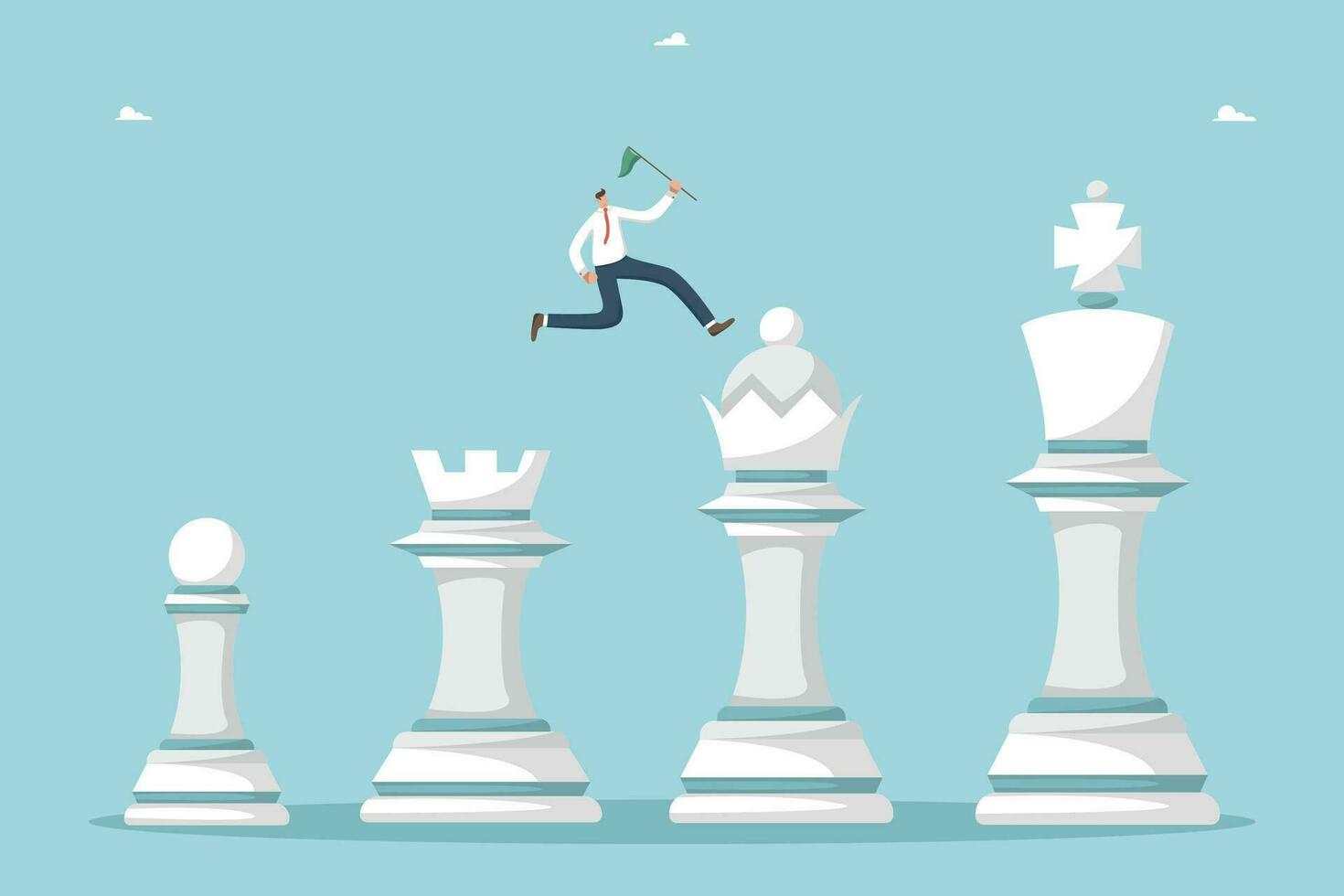 Planning to achieve goals, winning strategy to defeat a competitor, methods and ways to move up the career ladder, achieving heights through hard work, growth and progress, man jumps on chess pieces. vector