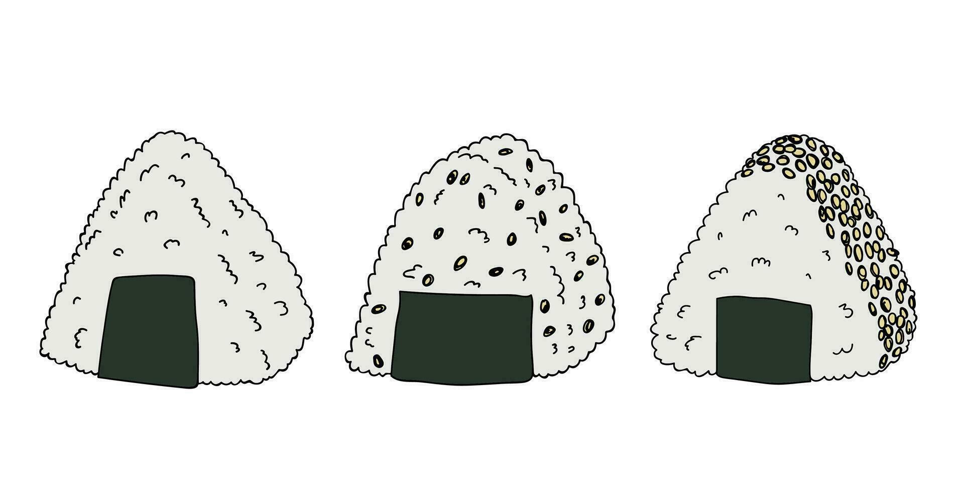 Hand drawn onigiri clipart set. Japanese fast food made of rice. Rice ball in nori seaweed vector