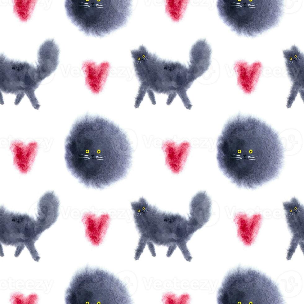 Seamless watercolor pattern with cats and hearts. Cute cat pattern. photo