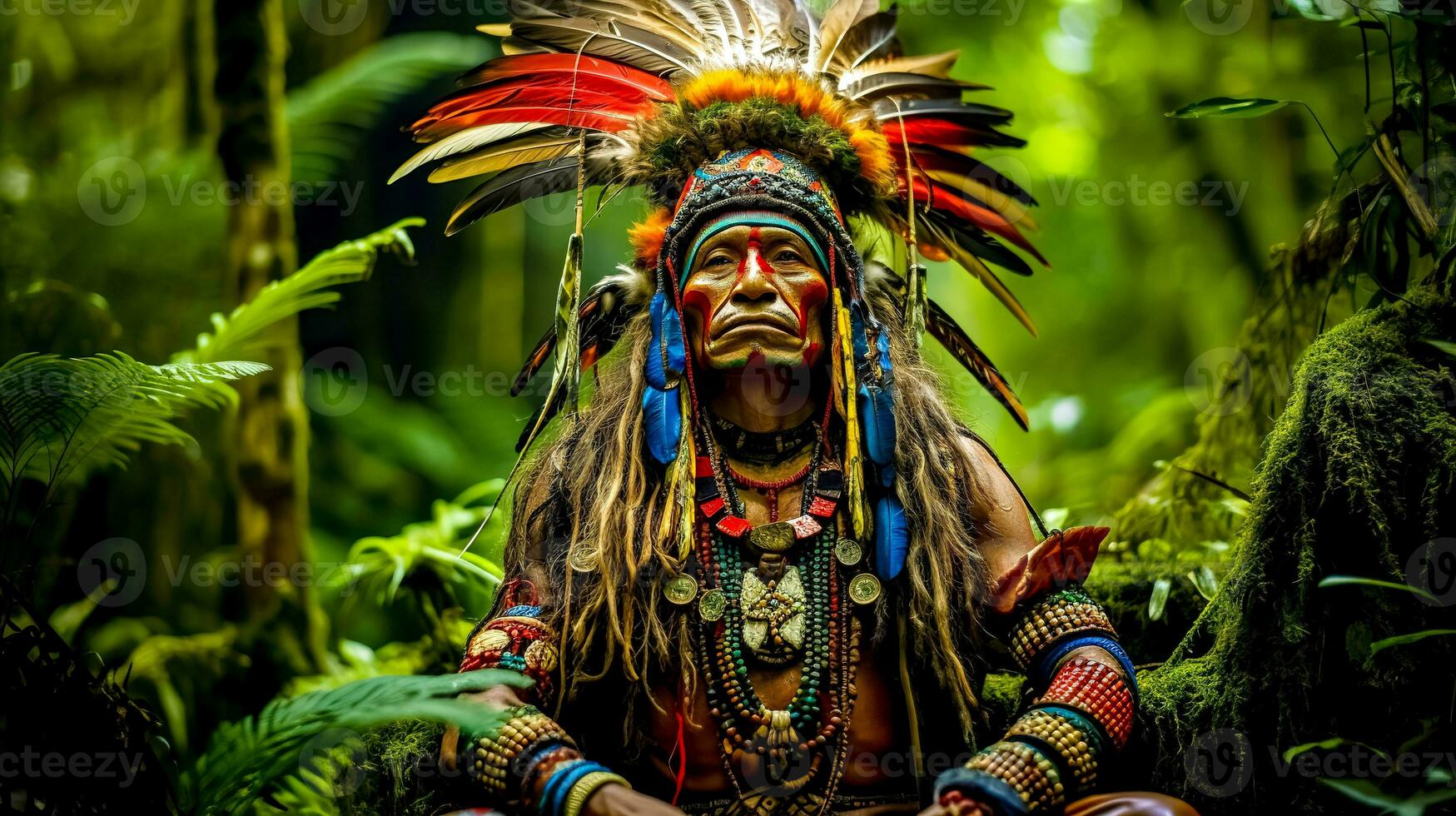 Native American leader in costume in the forest photo