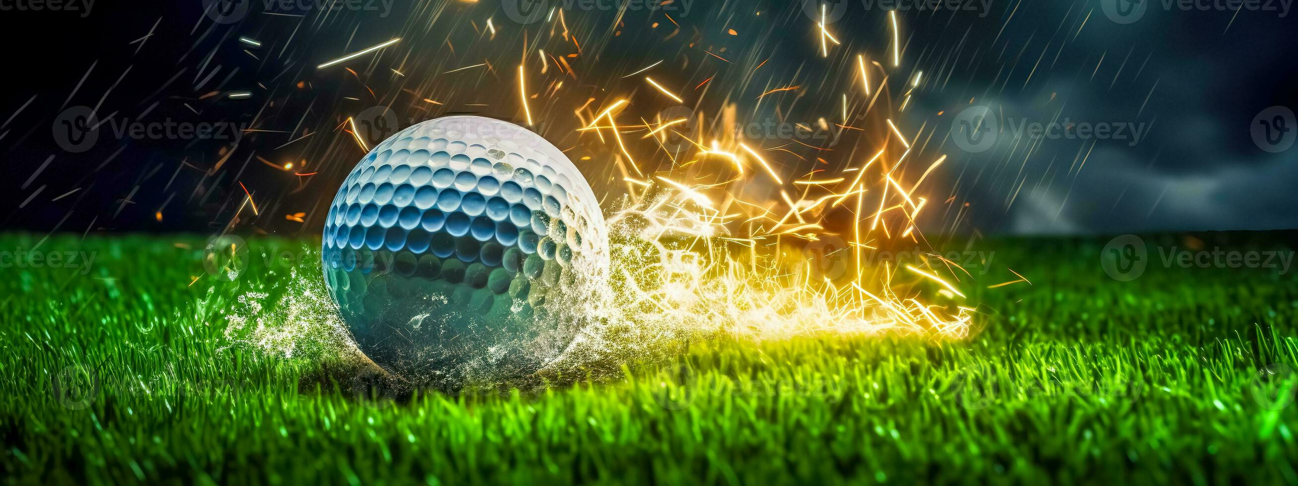 the golf ball flies in the energy of a flash of lightning in a storm, banner photo