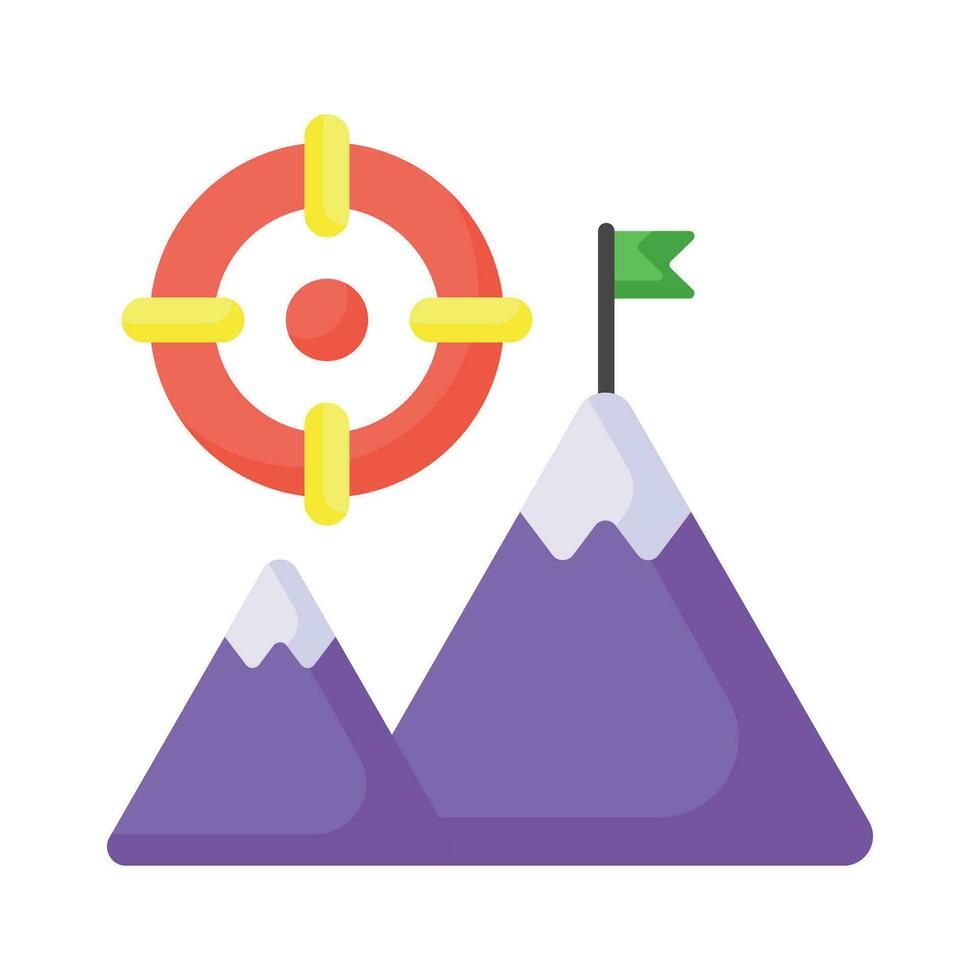 bandera en parte superior de montaña con objetivo, concepto icono de misión en de moda estilo vector