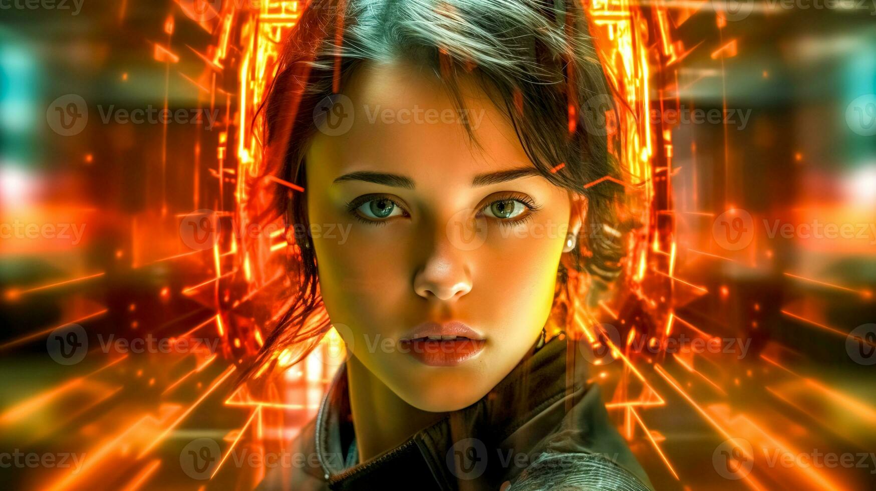 people and virtual reality, portrait of a woman using modern technology for verification photo