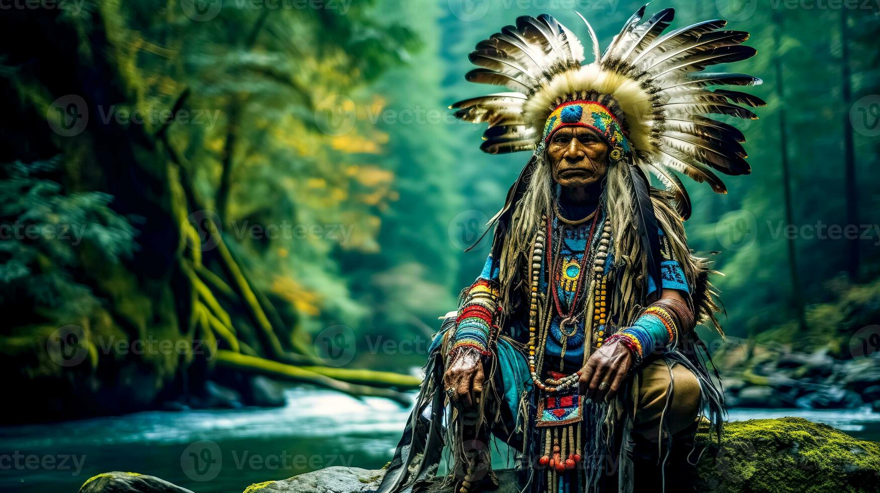 Native American leader in traditional costume performs a ceremony in the forest next to the river, banner with copy space photo