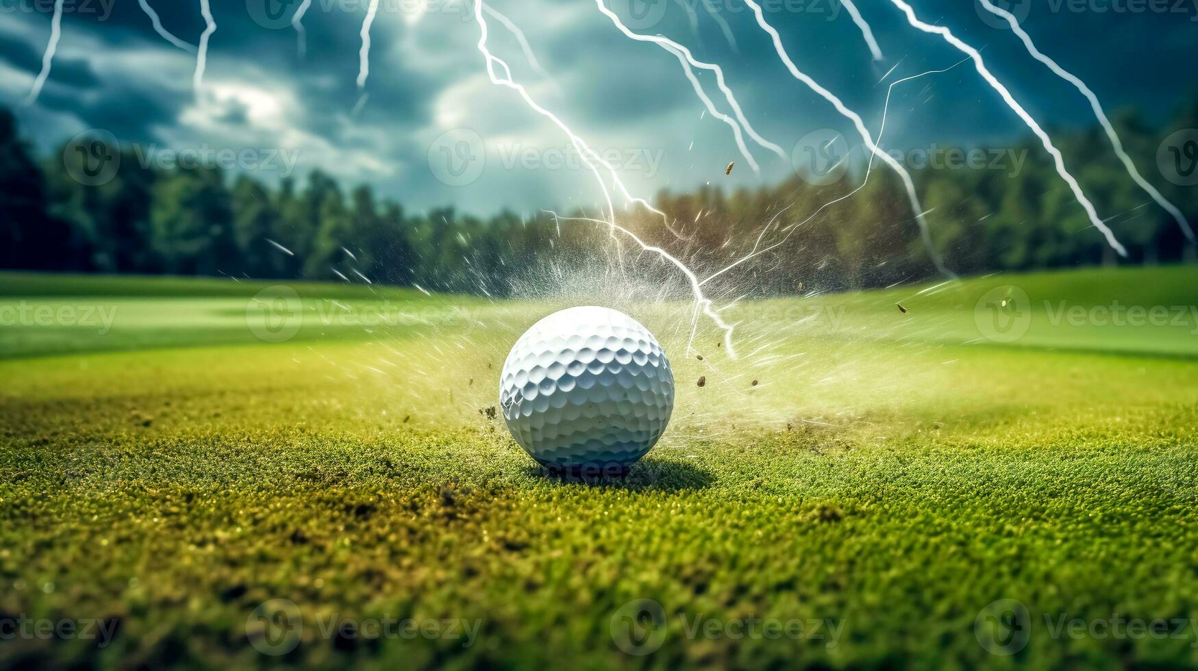 golf ball falling onto the green in the energy of a flash of lightning photo