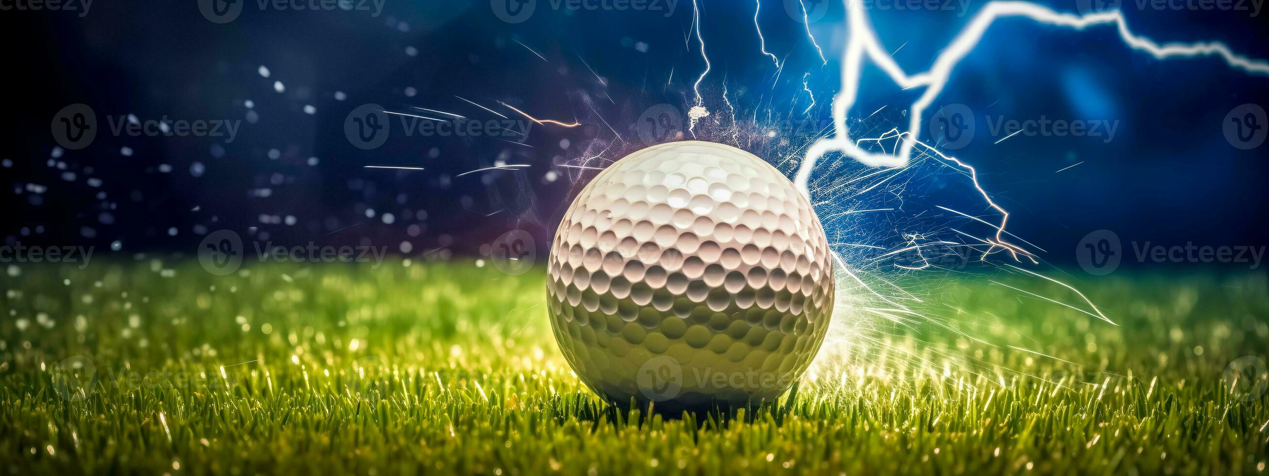 the golf ball flies in the energy of a flash of lightning, banner with copy space photo