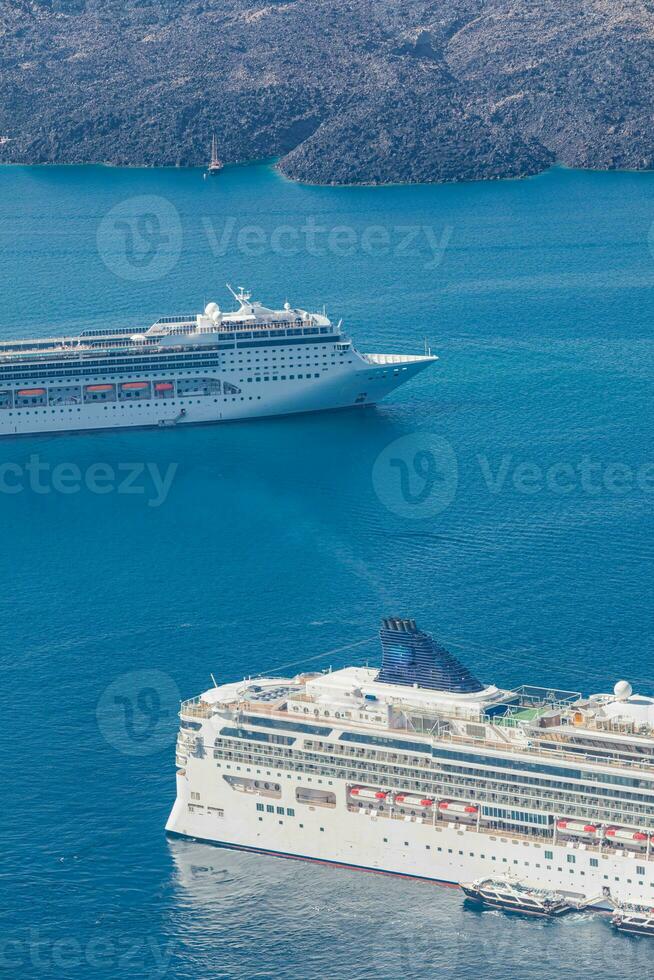 Cruise ships in beautiful blue sea, Amazing summer travel and transportation landscape. Santorini summer vacation and tourist travelling with cruise ships. Holiday and vacation outdoors activity photo