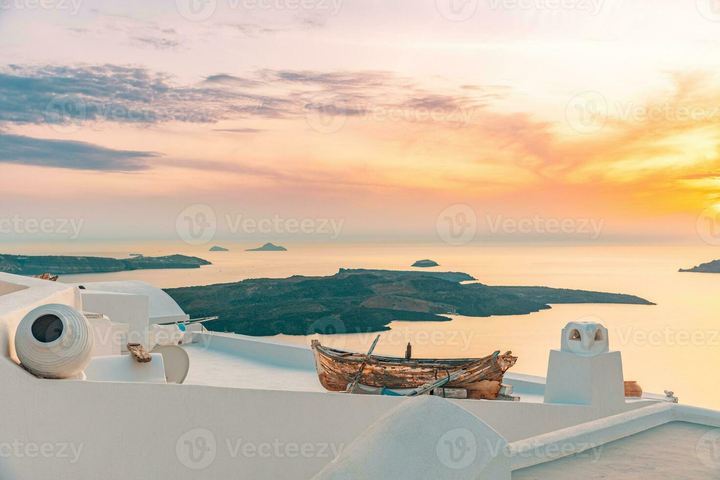 Fantastic sunset travel landscape, luxury summer vacation background. Amazing evening view of Fira, caldera volcano of Santorini, Greece with cruise ships at sunset. Inspire romantic and peaceful view photo