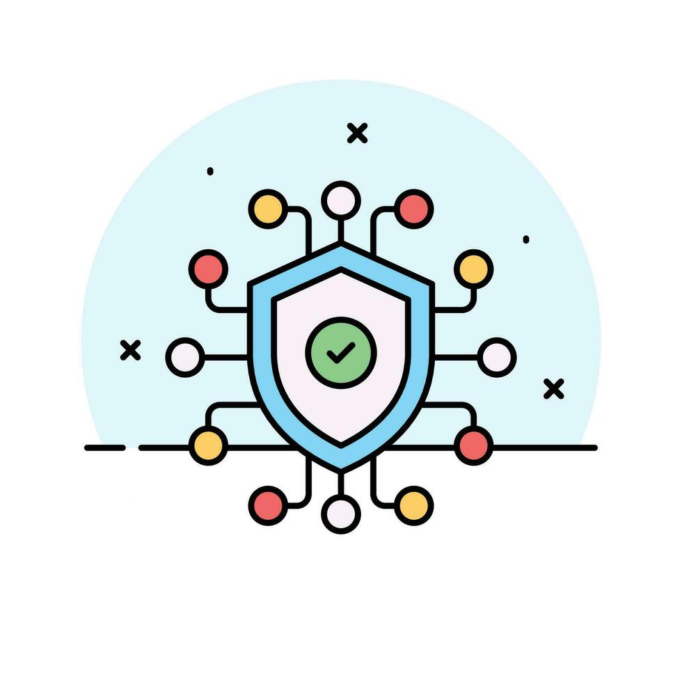 Tick mark on network protection shield showing concept vector of cyber security