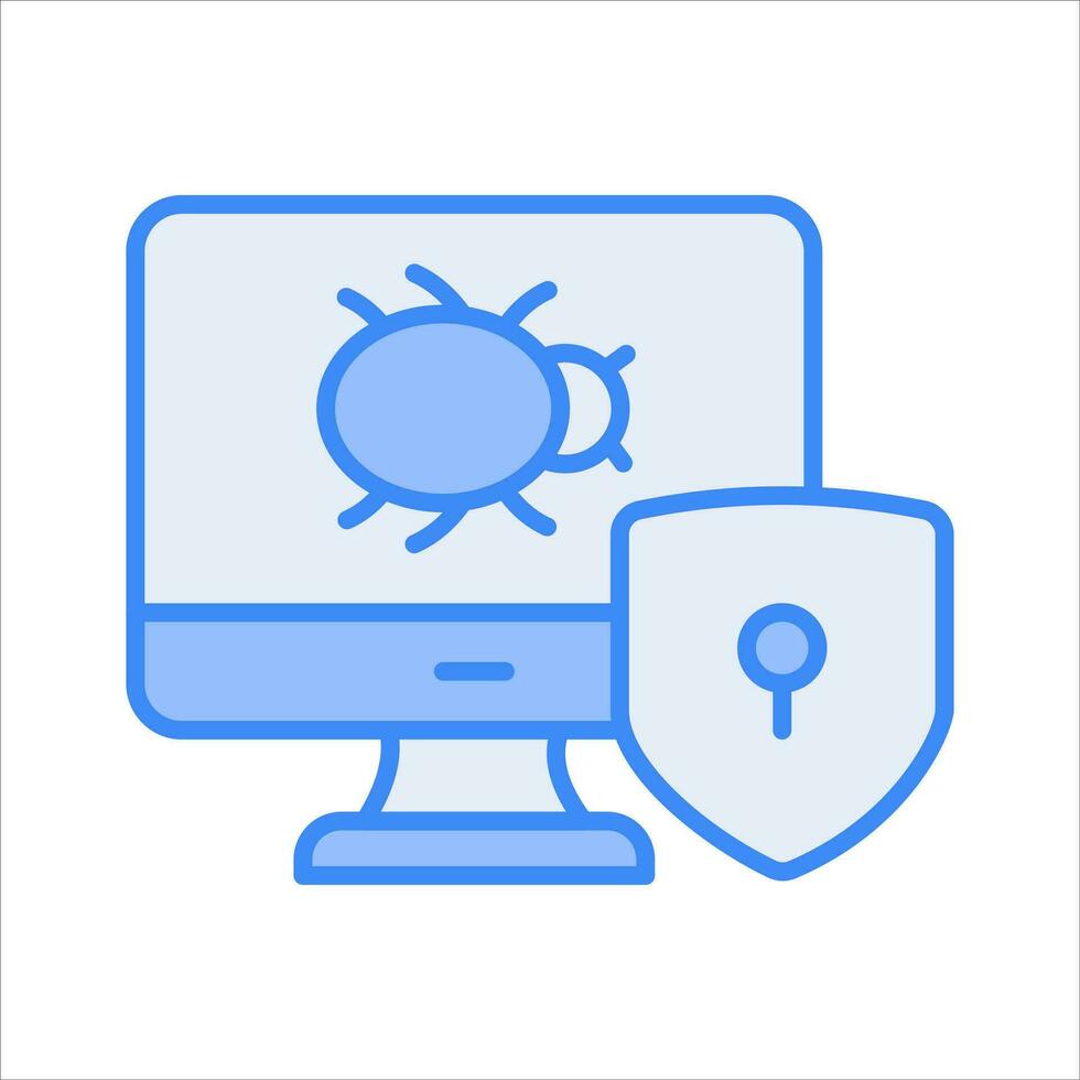 Bug inside monitor with protection shield and keyhole, concept icon ov virus protection vector