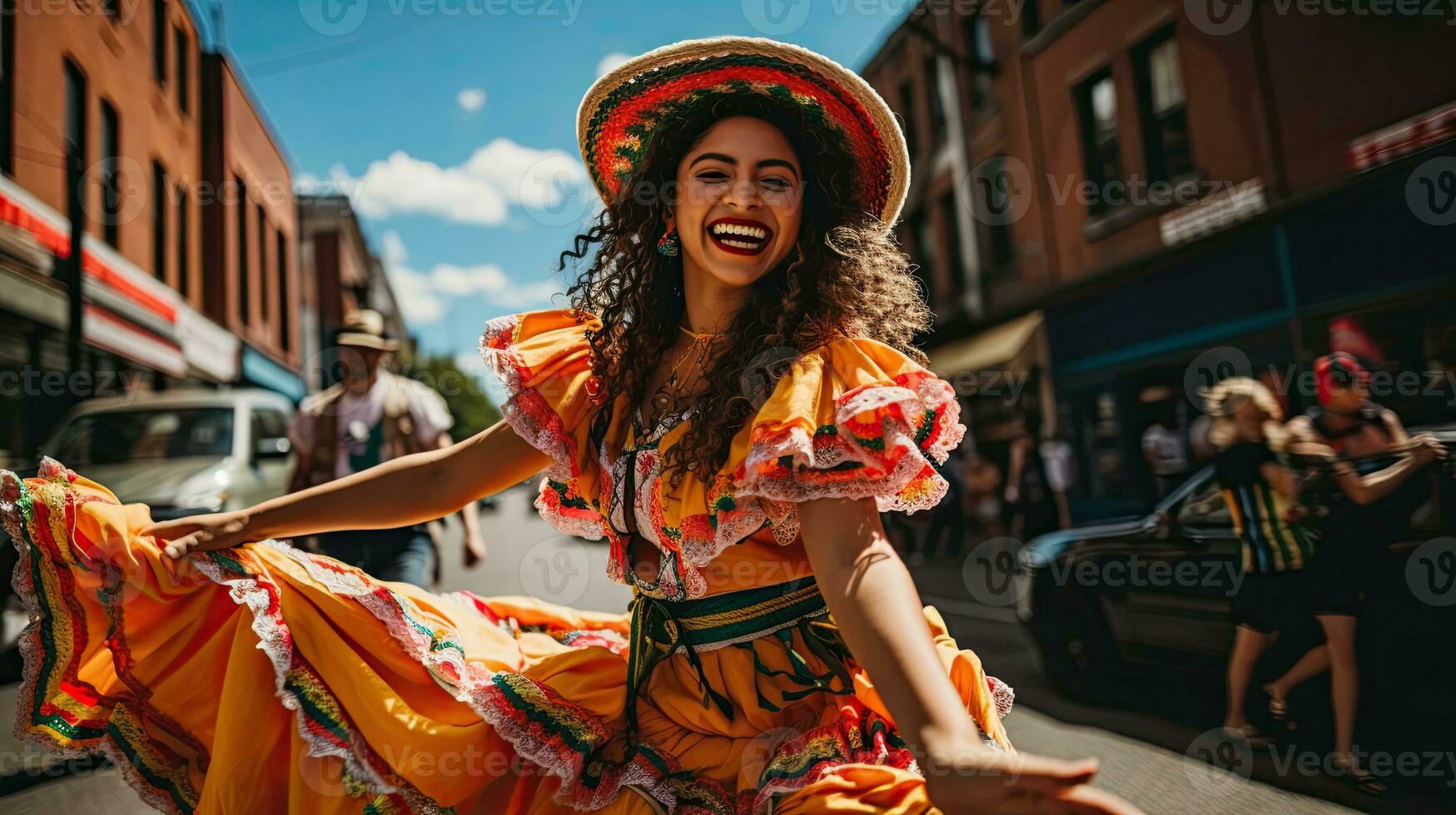 Portrait girl wearing sombrero dancing on the street of city AI Generative photo