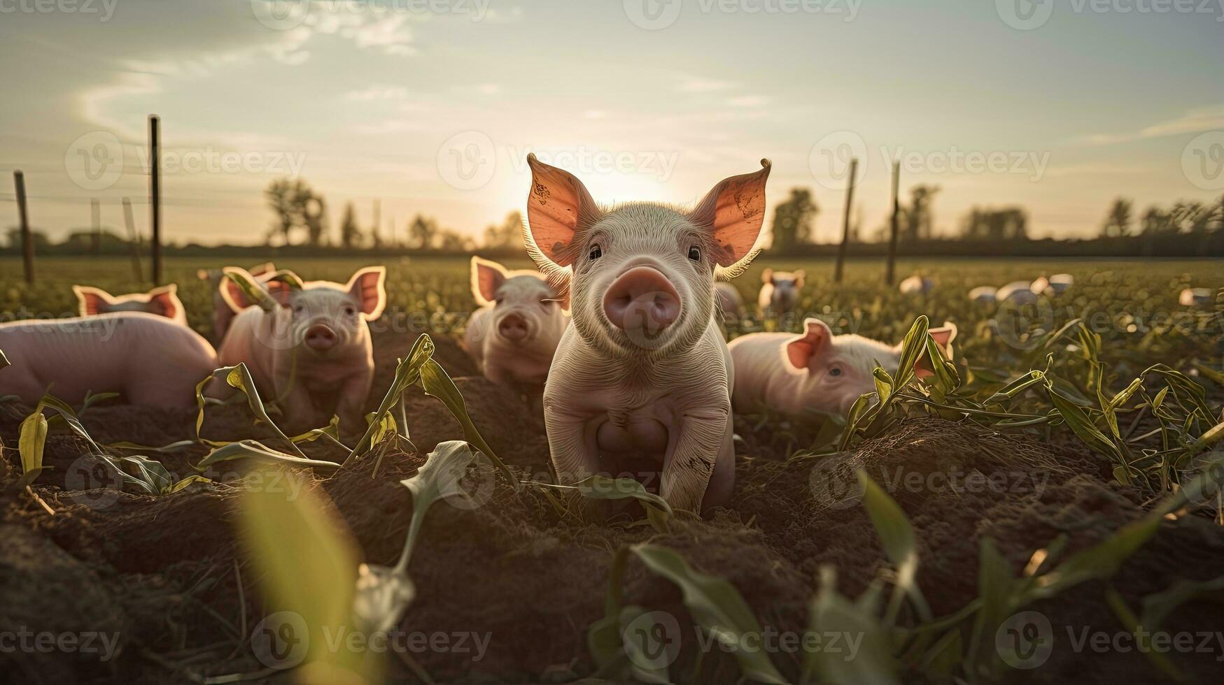 Portrait pig in the farm with light exposure AI Generative photo