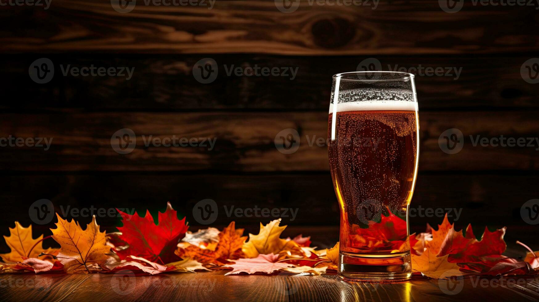 A Glass of beer with maple leaf on the table AI Generative photo