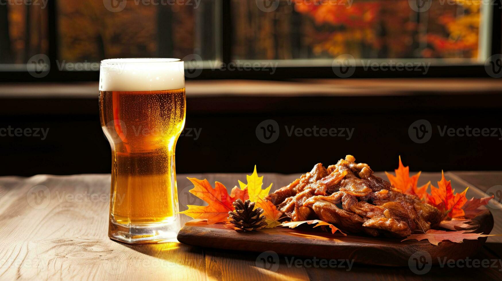 A Glass of beer with maple leaf on the table AI Generative photo