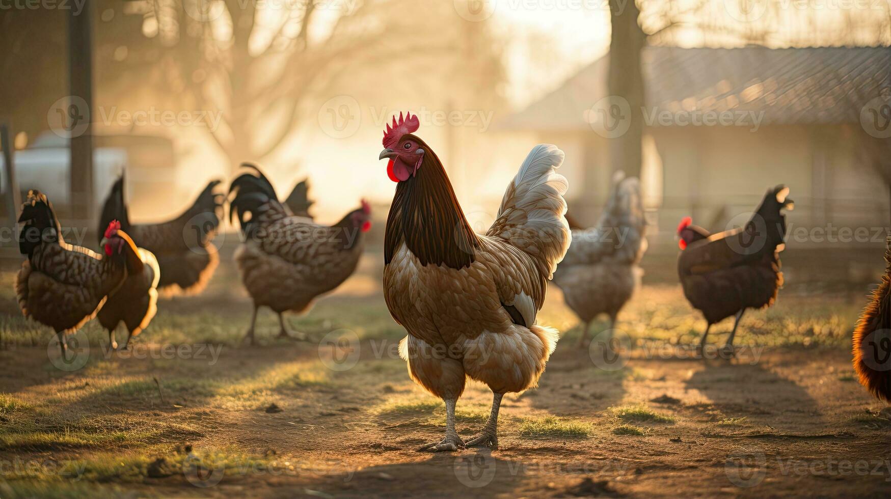 Portrait chicken in the farm with light exposure AI Generative photo