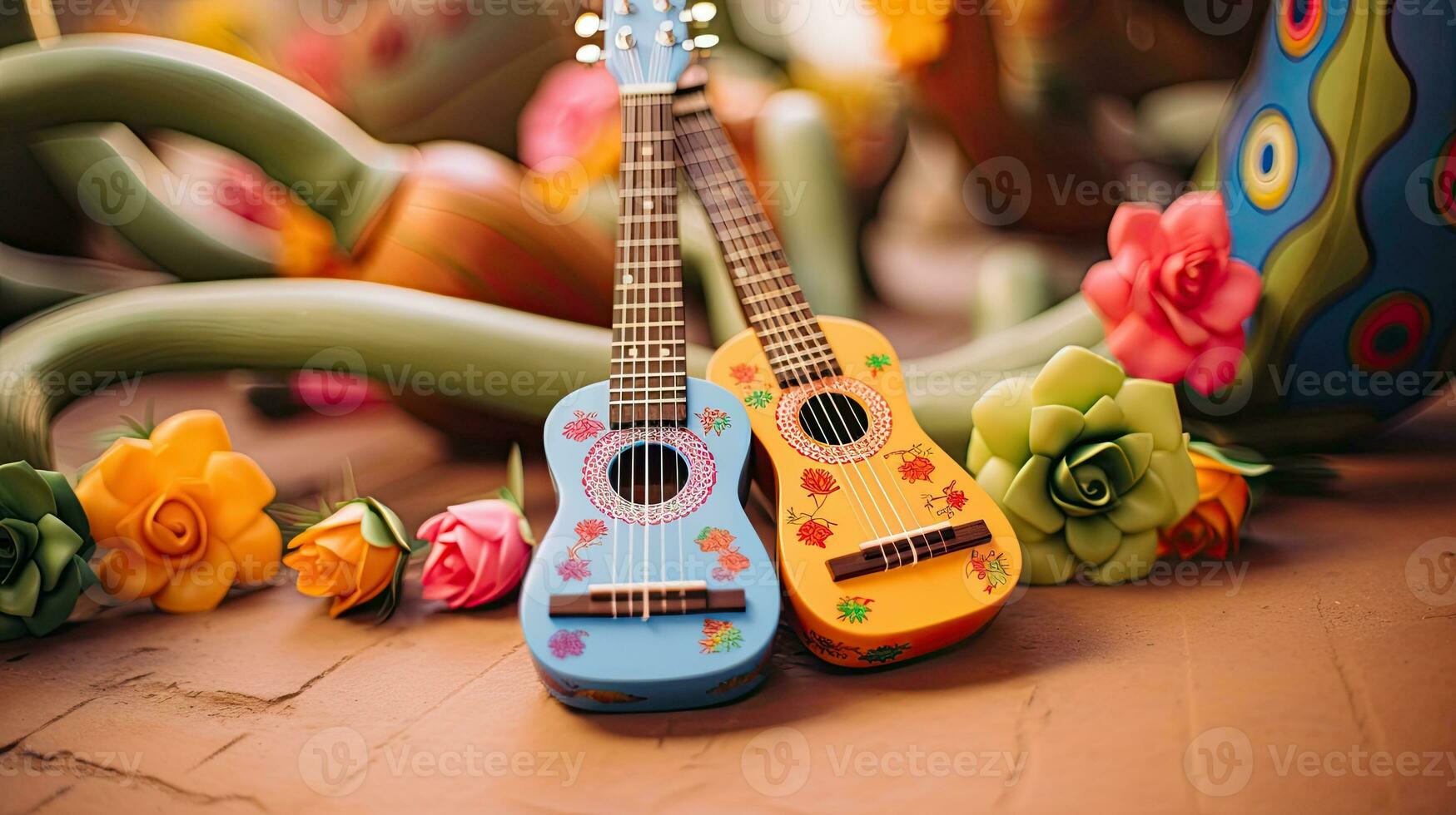 Portrait guitar on the table with cactus on the pot AI Generative photo