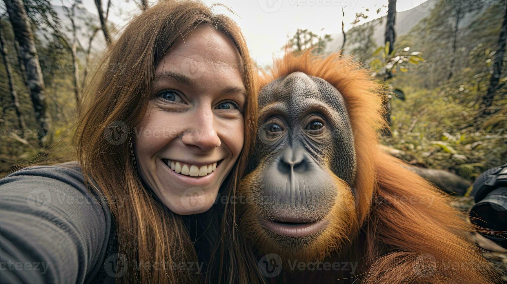 Portrait beautiful woman talking selfie with monkey AI Generative photo