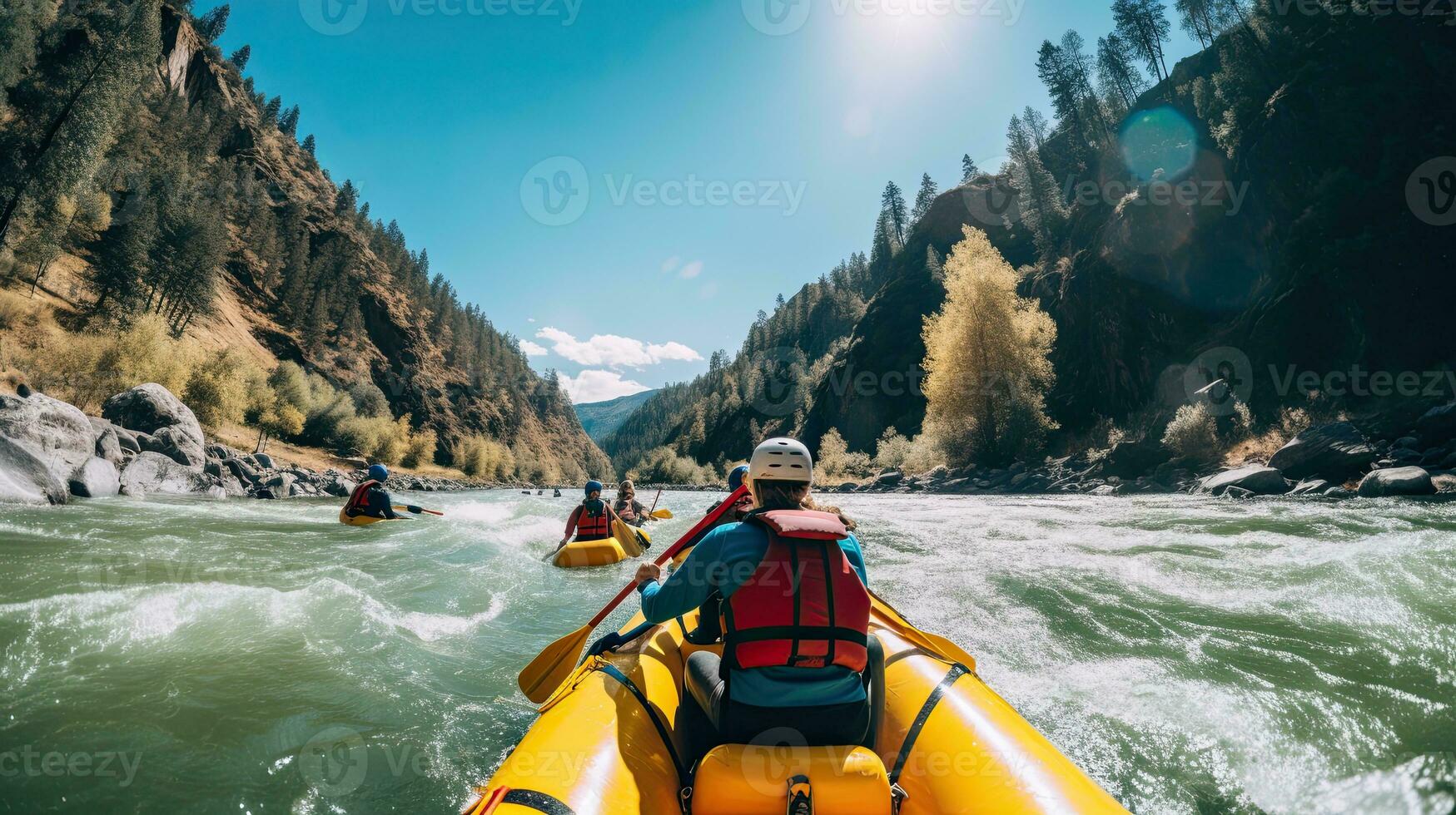 Portrait people are rafting in fast flowing river AI Generative photo