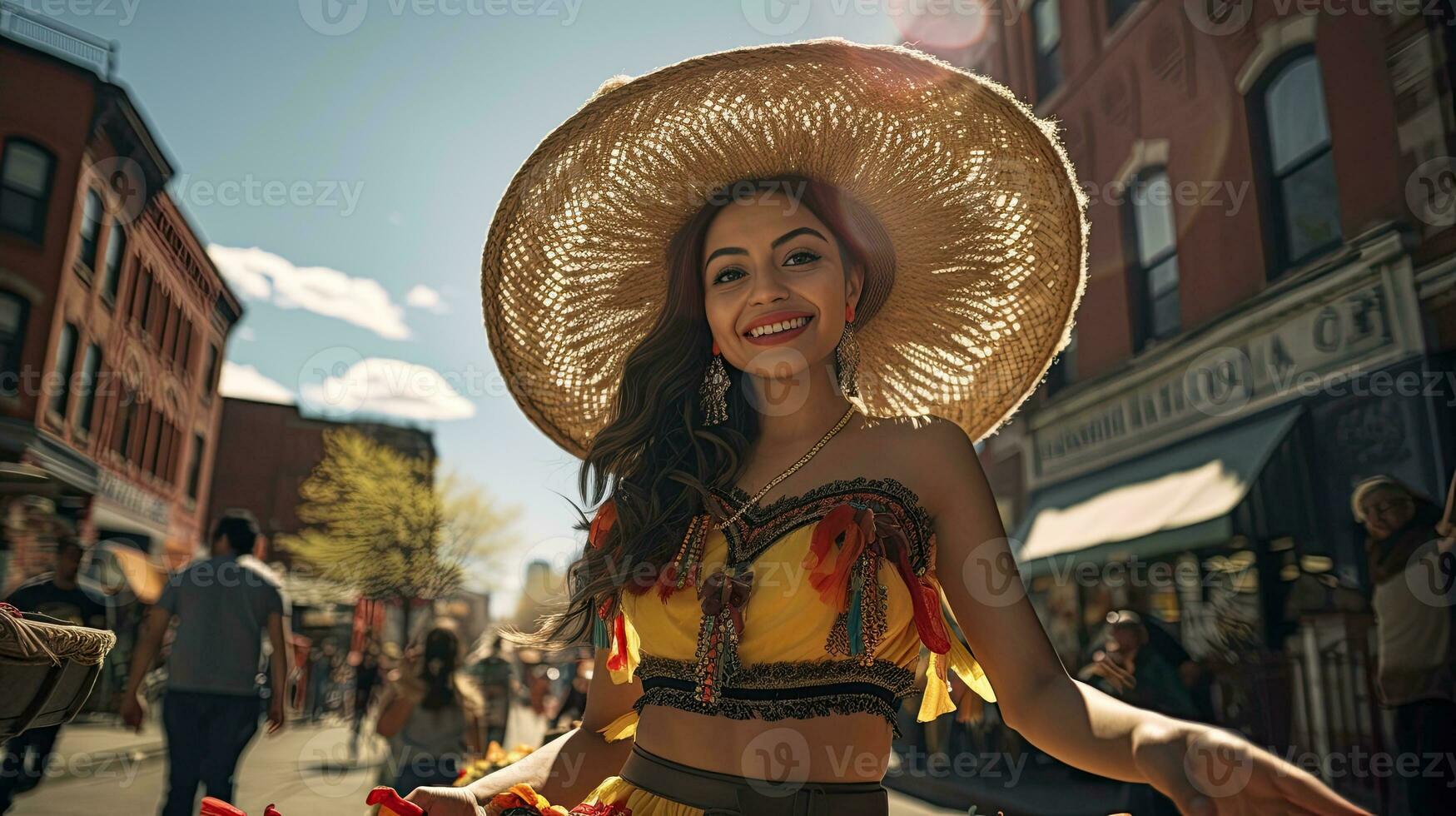 Portrait girl wearing sombrero dancing on the street of city AI Generative photo