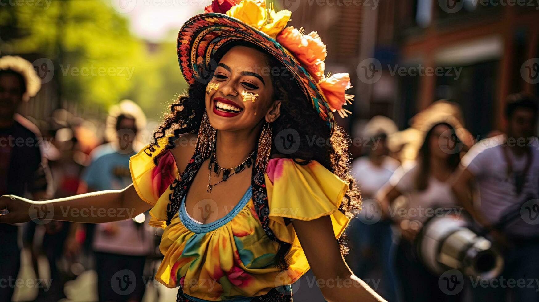 retrato niña vistiendo sombrero bailando en el calle de ciudad ai generativo foto