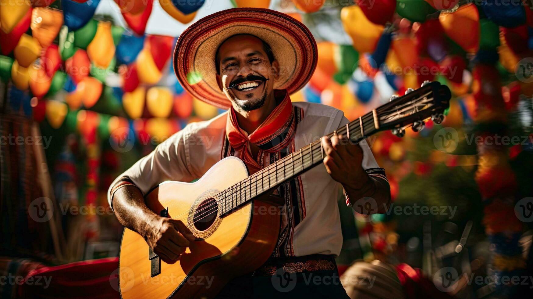 Portrait man wearing sombrero playing guitar AI Generative photo