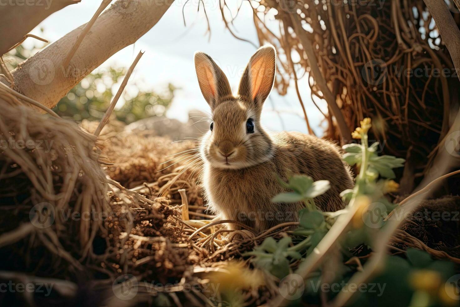 Portrait rabbit on the meadow with light exposure AI Generative photo