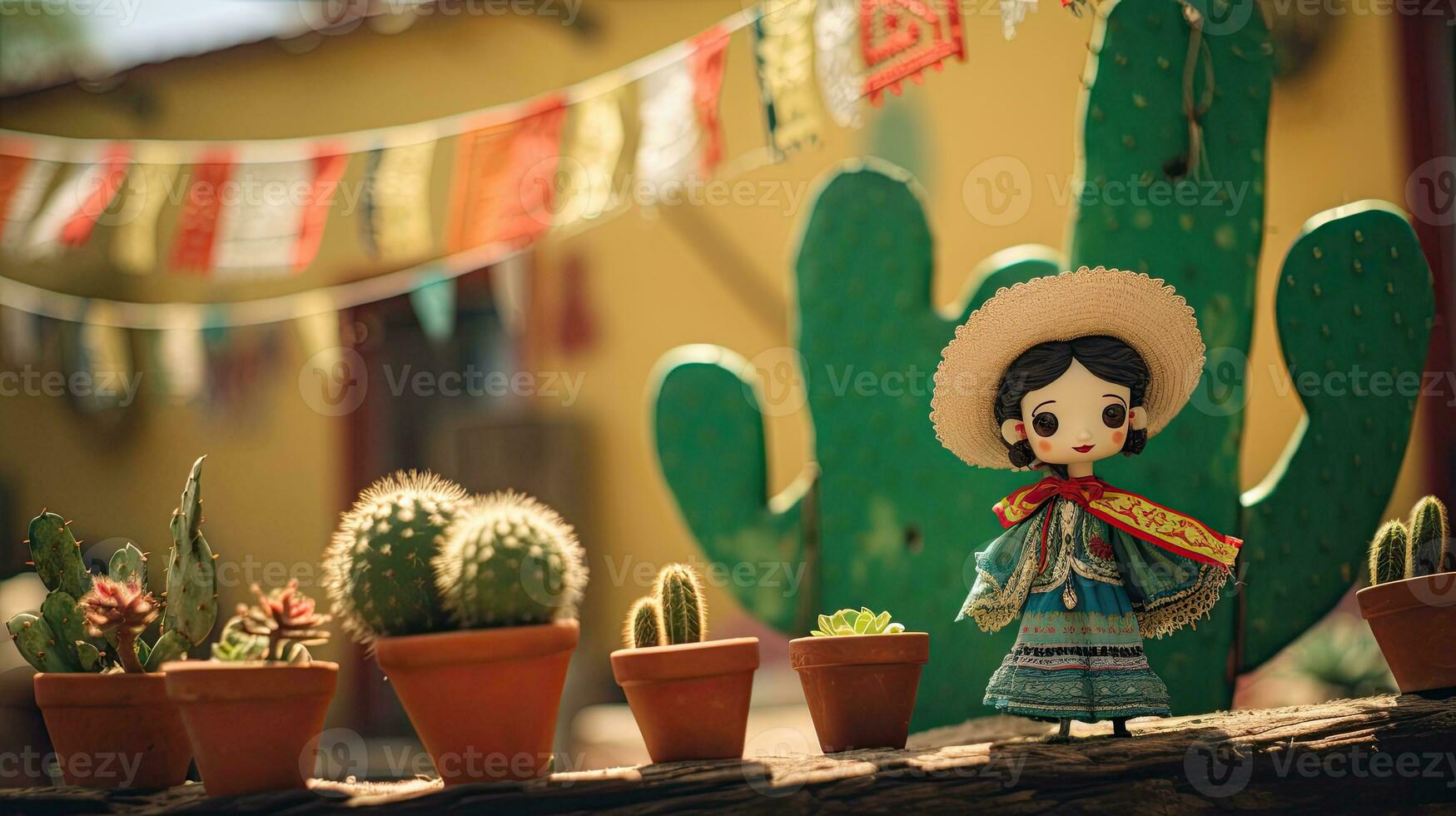 Lele Muneca doll with cactus on the pot AI Generative photo