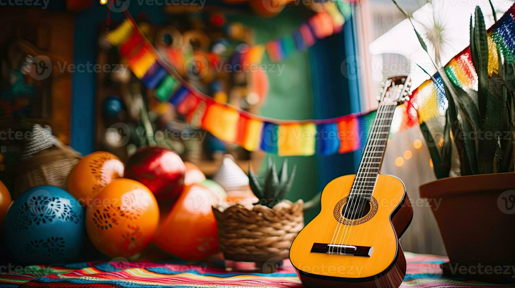 retrato guitarra en el mesa con cactus en el maceta ai generativo foto