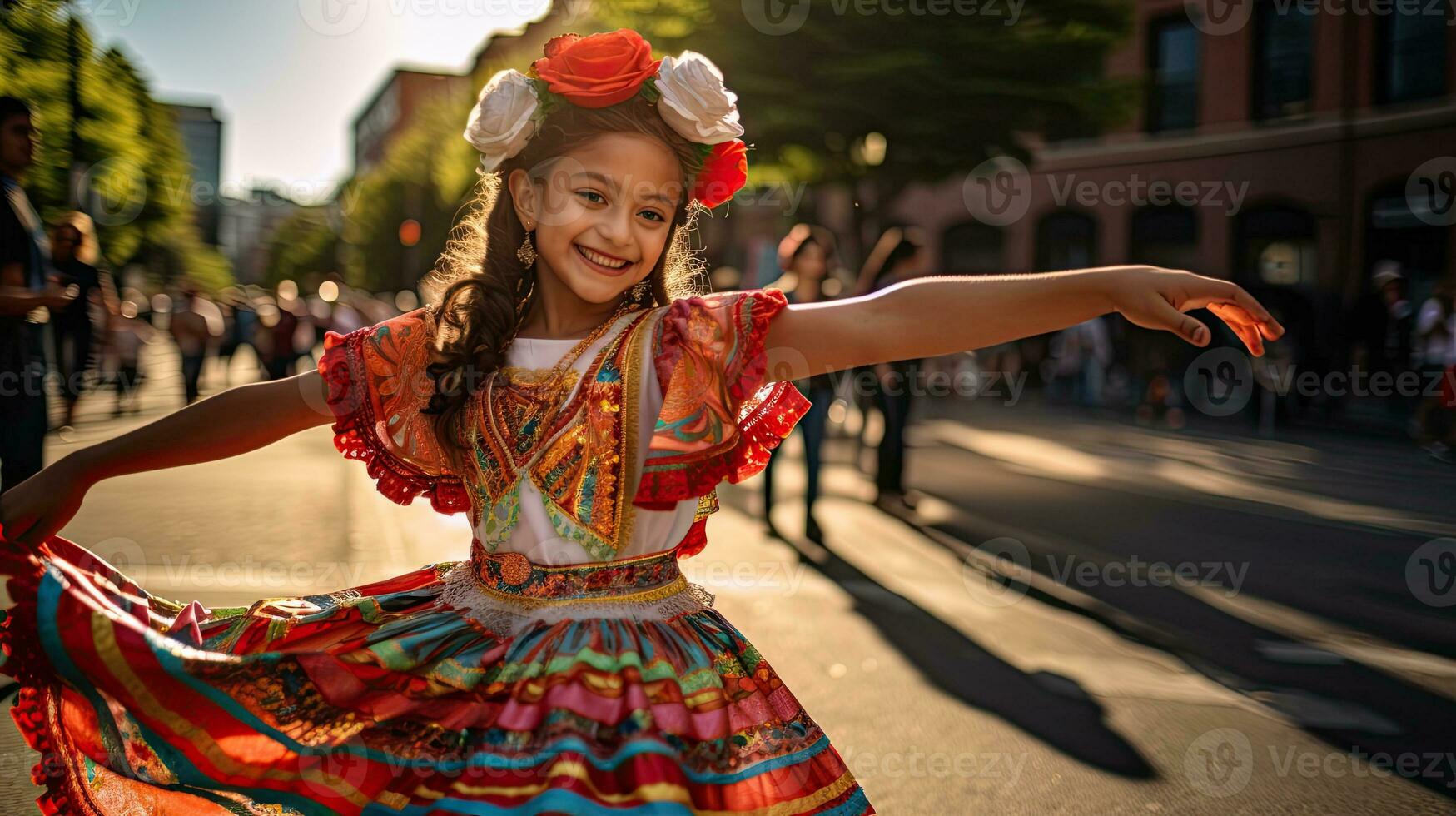 retrato niña bailando en el calle de ciudad ai generativo foto