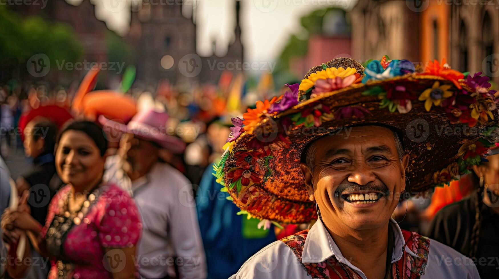 Portrait man wearing sombrero hat on the street of city AI Generative photo