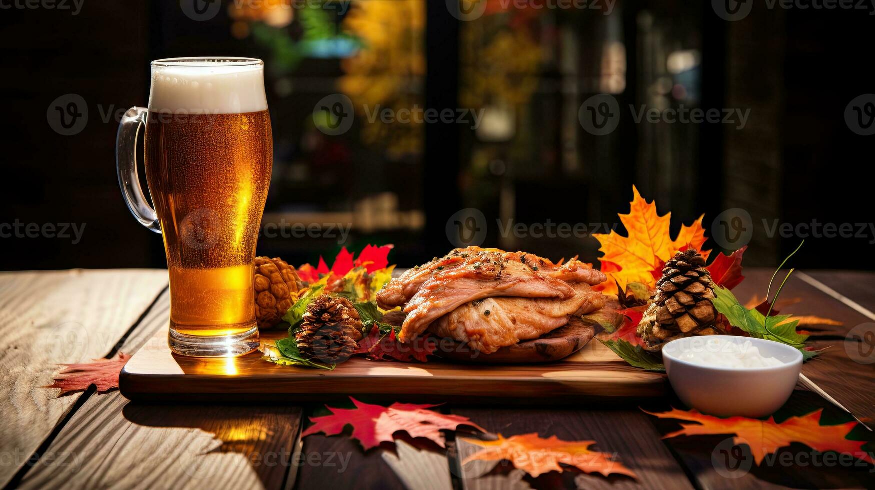 A glass beer with autumn leaf on the table AI Generative photo