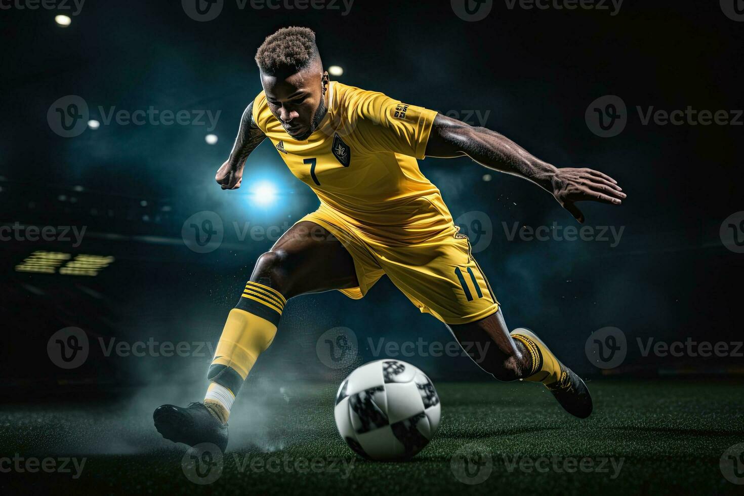 Portrait professional soccer player dribbling ball AI Generative photo