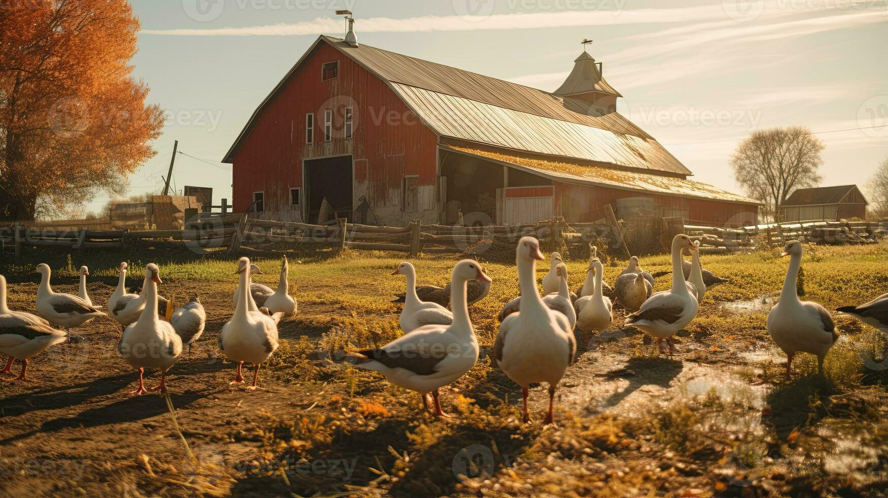 Portrait goose in the farm with light exposure AI Generative photo