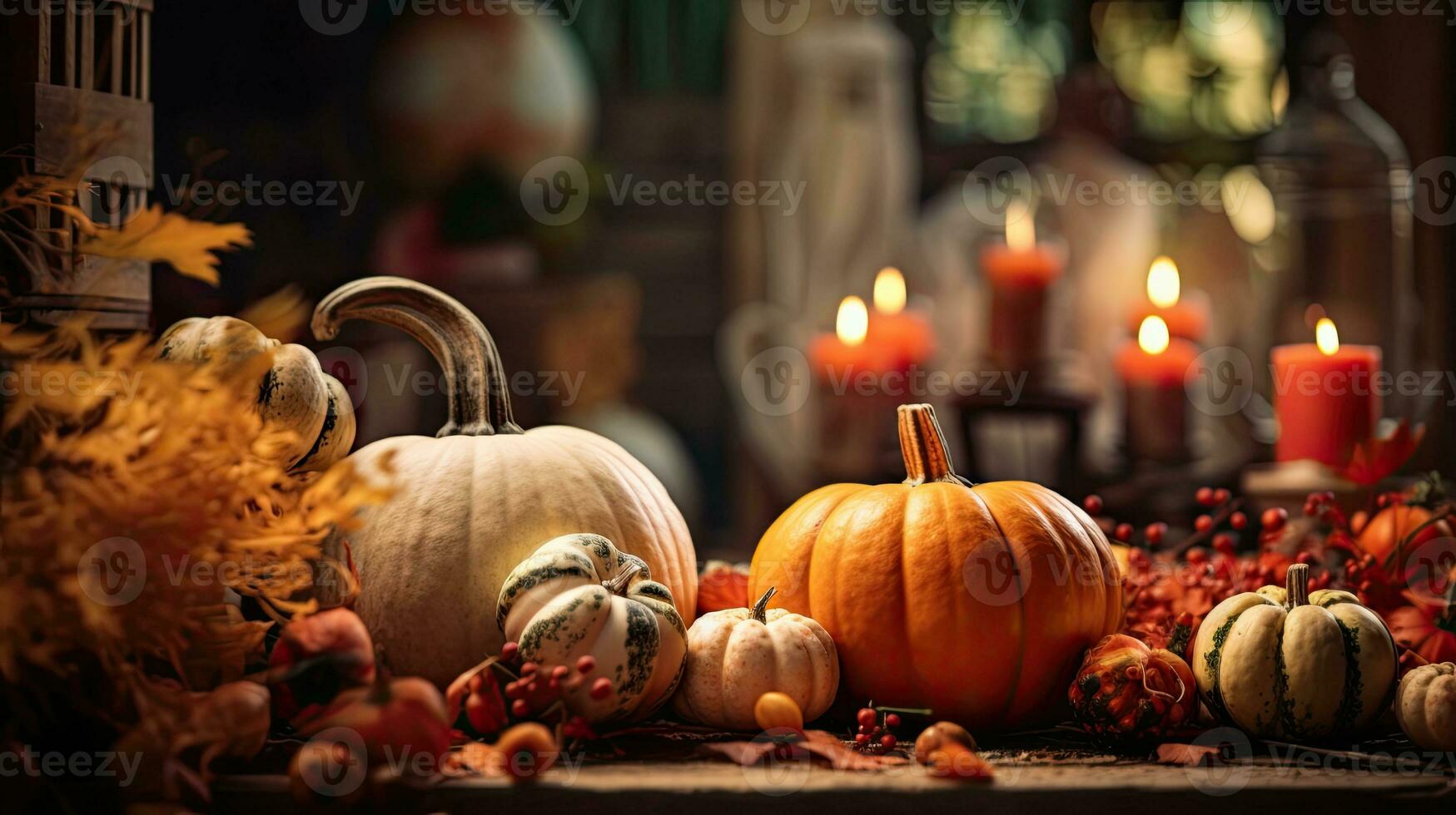 Portrait pumpkin on the wooden table photo
